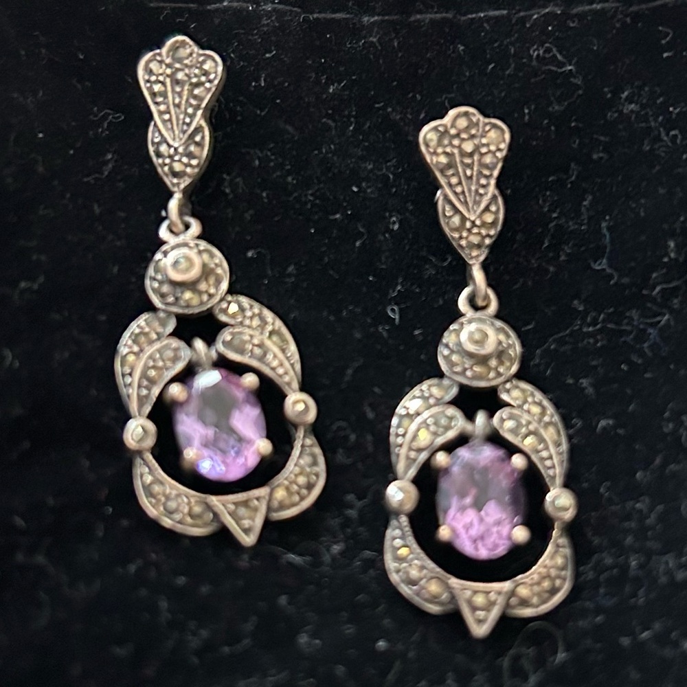 Silver marcasite and amethyst earrings